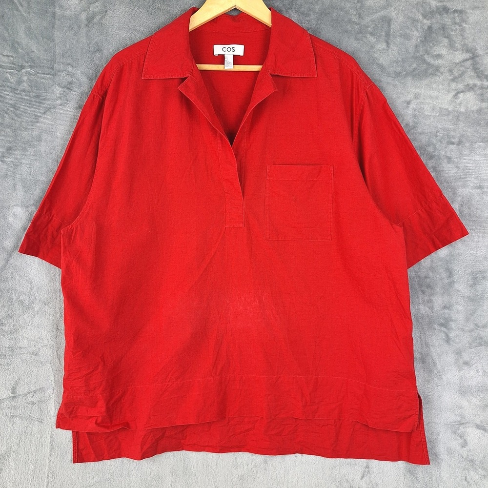COS Top 8 Red Linen Blend Beach Coastal Resort Oversized Boxy Minimalist Camp